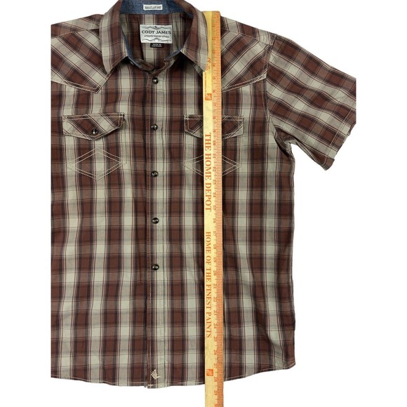 Cody James Authentic Western Apparel Brown Plaid Short Sleeve Pearl Snap Sz M - Picture 5 of 7
